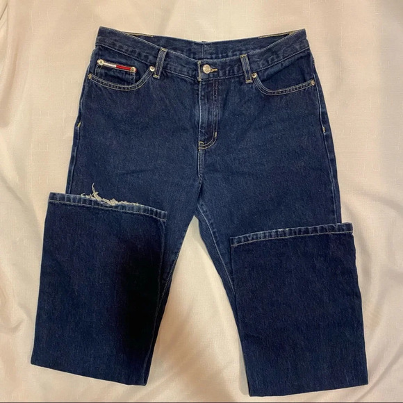 Authentic 90s Tommy Hilfiger Flared & Mid-Rise Dark Blue Denim Jeans - Picture 6 of 8
